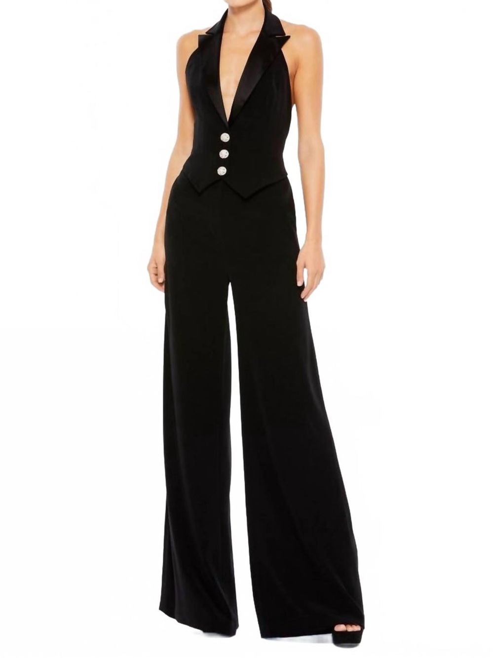 Mac Duggal Tuxedo Halter Jumpsuit In Black
